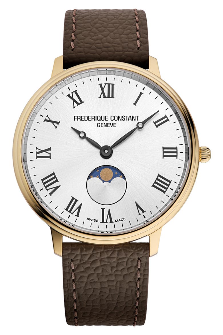 Classic Slimline Moonphase Leather Strap Watch, 39mm, Main, color, BROWN/WHITE