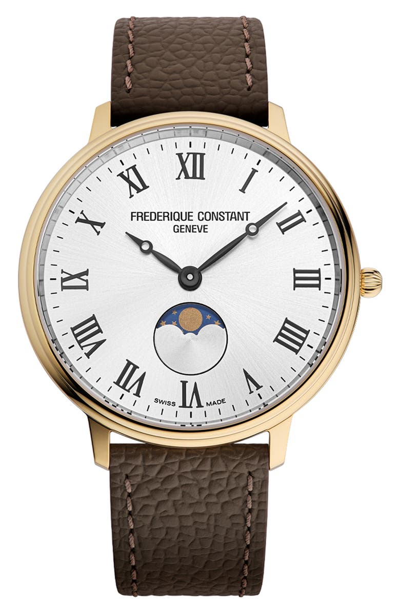 FREDERIQUE CONSTANT Classic Slimline Moonphase Leather Strap Watch, 39mm, Main, color,