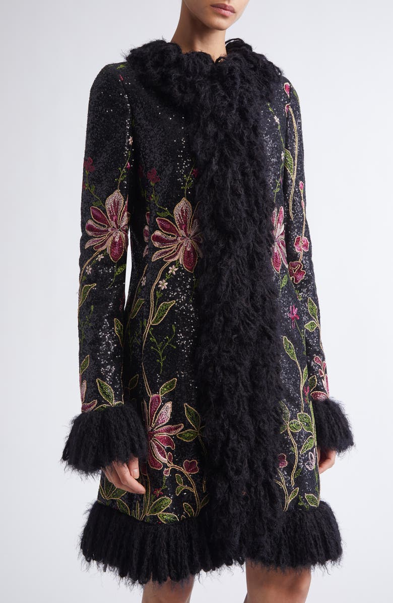 Giambattista Valli Sequin Floral Embroidered Coat with Faux Fur Trim, Alternate, color, Black Multi