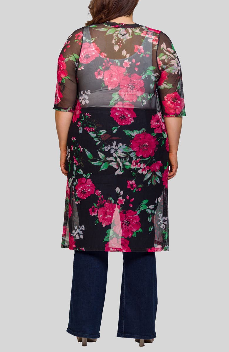 24seven Comfort Apparel Noir Rose Print Sheer Open Front Long Jacket, Alternate, color, Black Multi