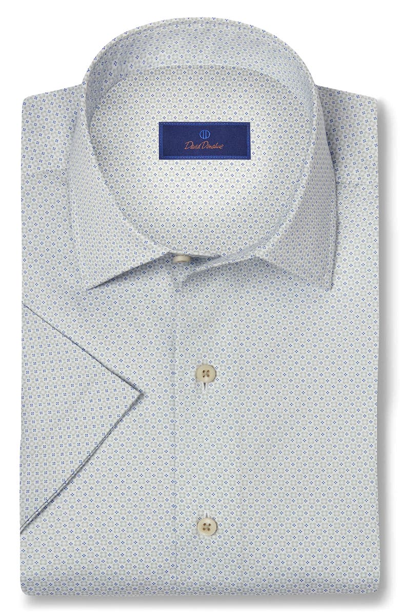 David Donahue Medallion Print Short Sleeve Button-Up Shirt, Main, color, Sage/ Blue