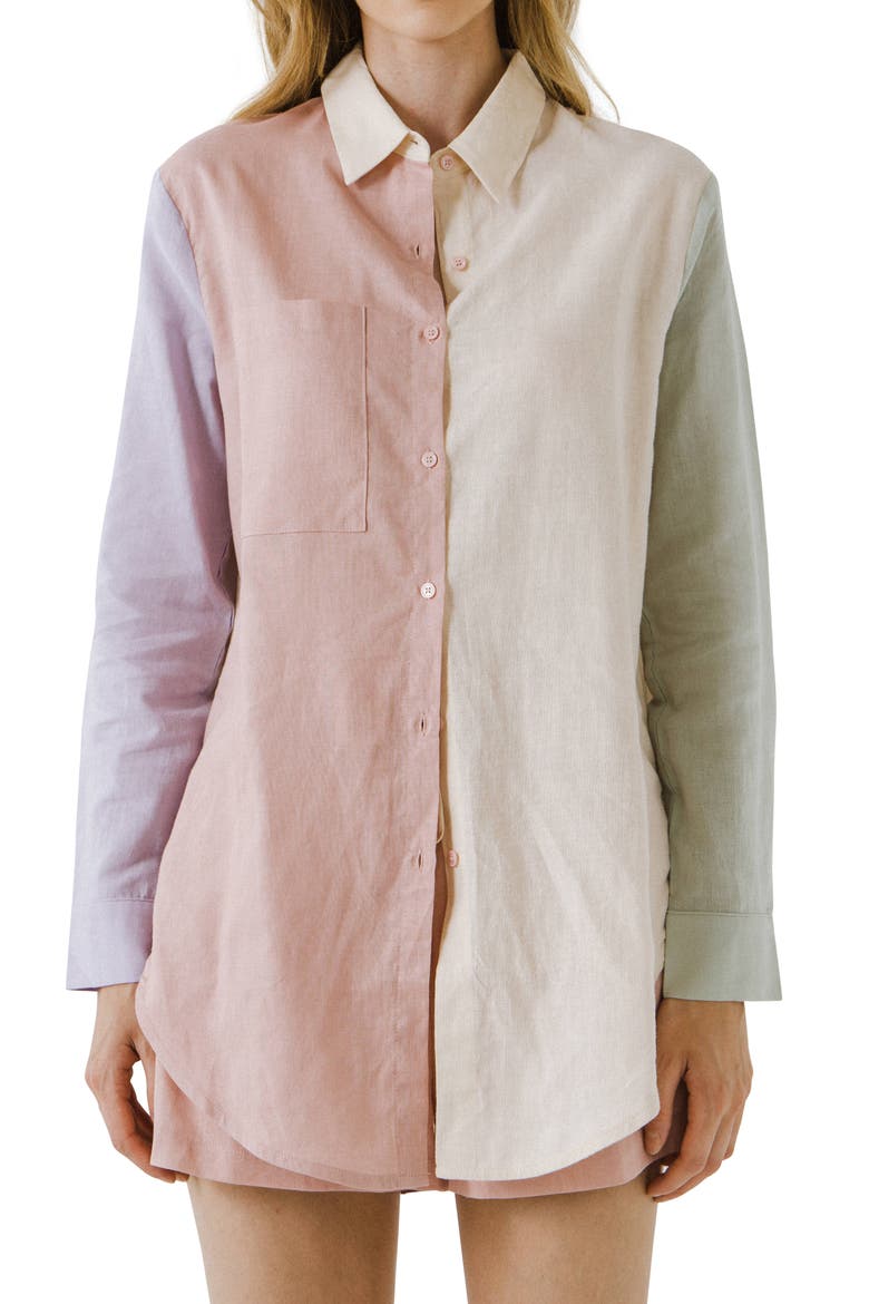 Colorblock Long Linen & Cotton Button-Up Shirt, Main, color, MULTI