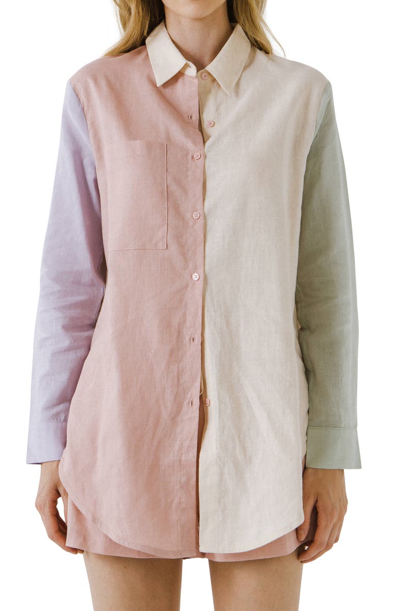 Grey Lab Colorblock Long Linen & Cotton Button-Up Shirt, Main, color,