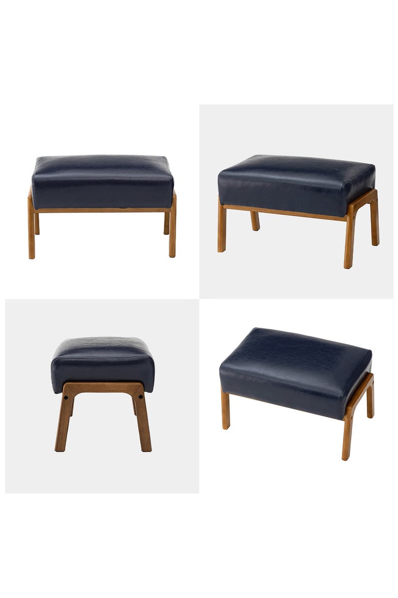 Mid-century Modern Faux Leather Accent Stool with Walnut Rubberwood Legs, Alternate, color, Navy Blue