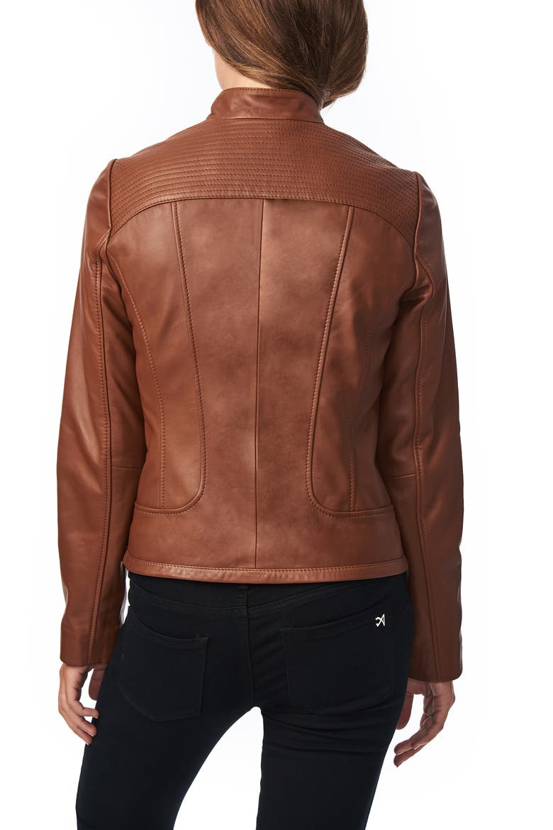 Stitch Detail Sheepskin Leather Racer Jacket, Alternate, color, BROWN SUGAR