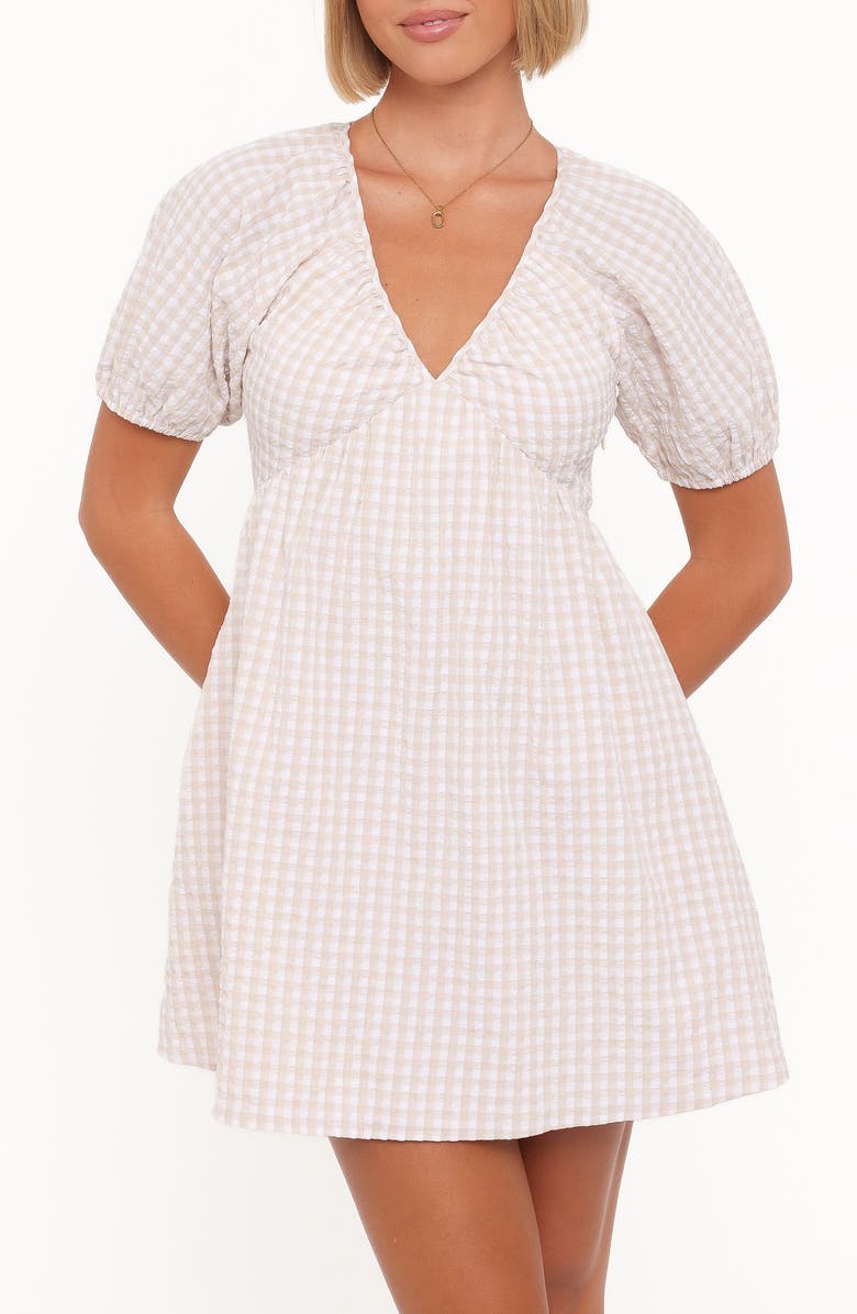 Petal & Pup Cadhla Print Cotton Blend Minidress, Alternate, color, Beige Gingham