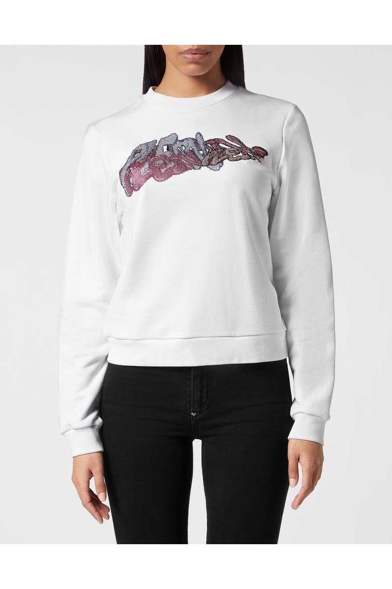 Sweatshirt Roundneck Bombing Graffiti Women, Main, color, white