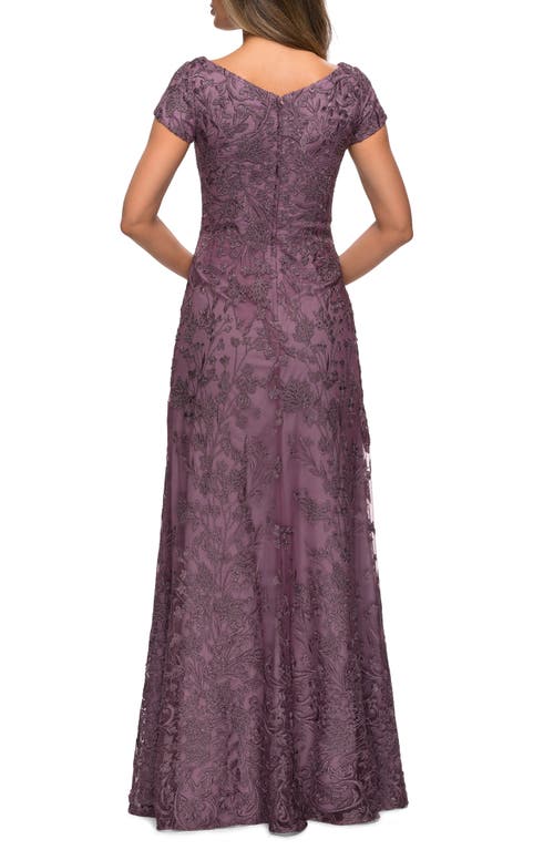 La Femme Lace Evening Gown With Cap Sleeves And V-neck In Dusty Lilac