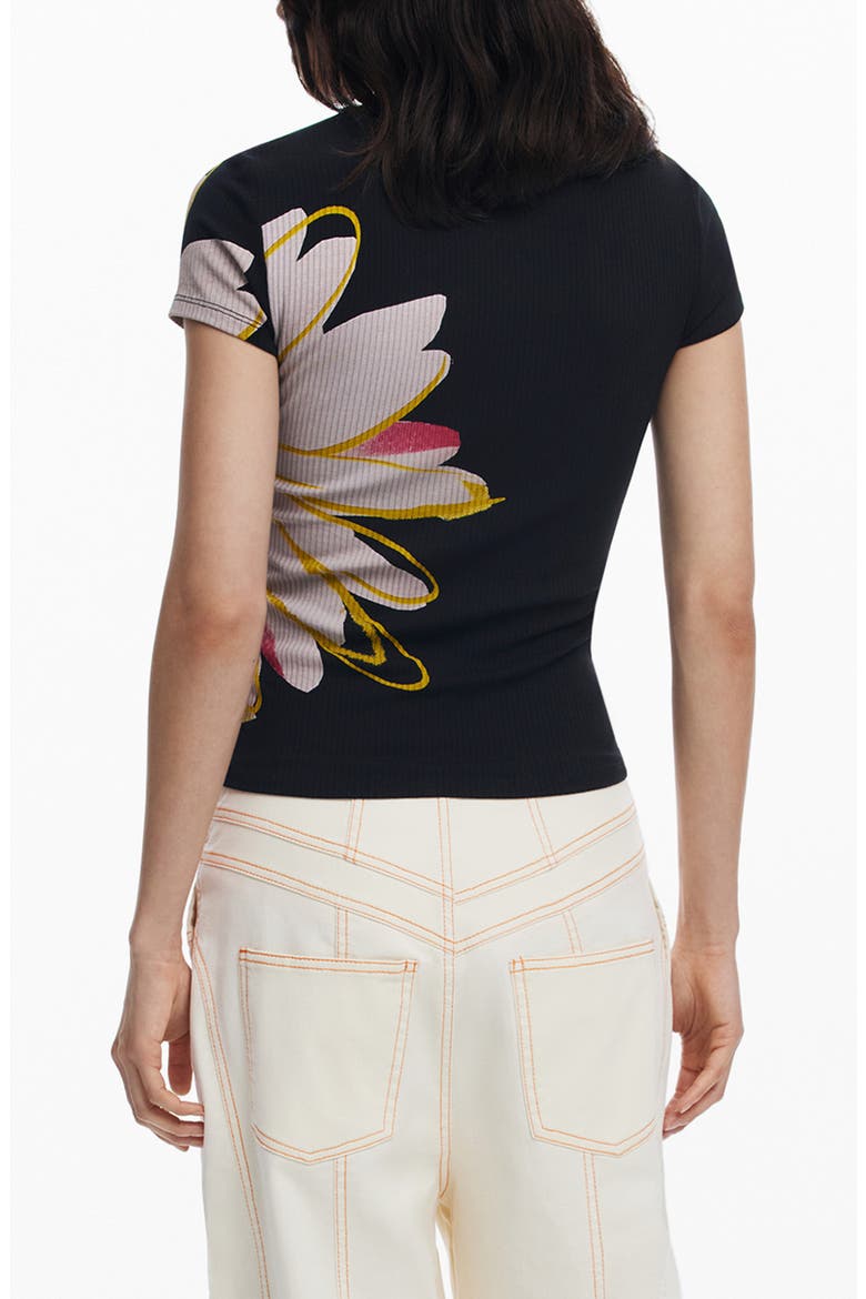 Floral Keyhole Rib T-Shirt, Alternate, color, BLACK