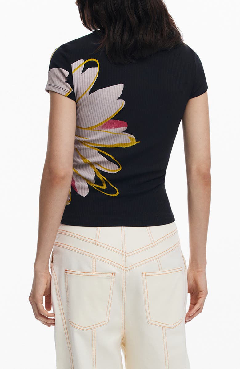 Desigual Floral Keyhole Rib T-Shirt, Alternate, color, Black