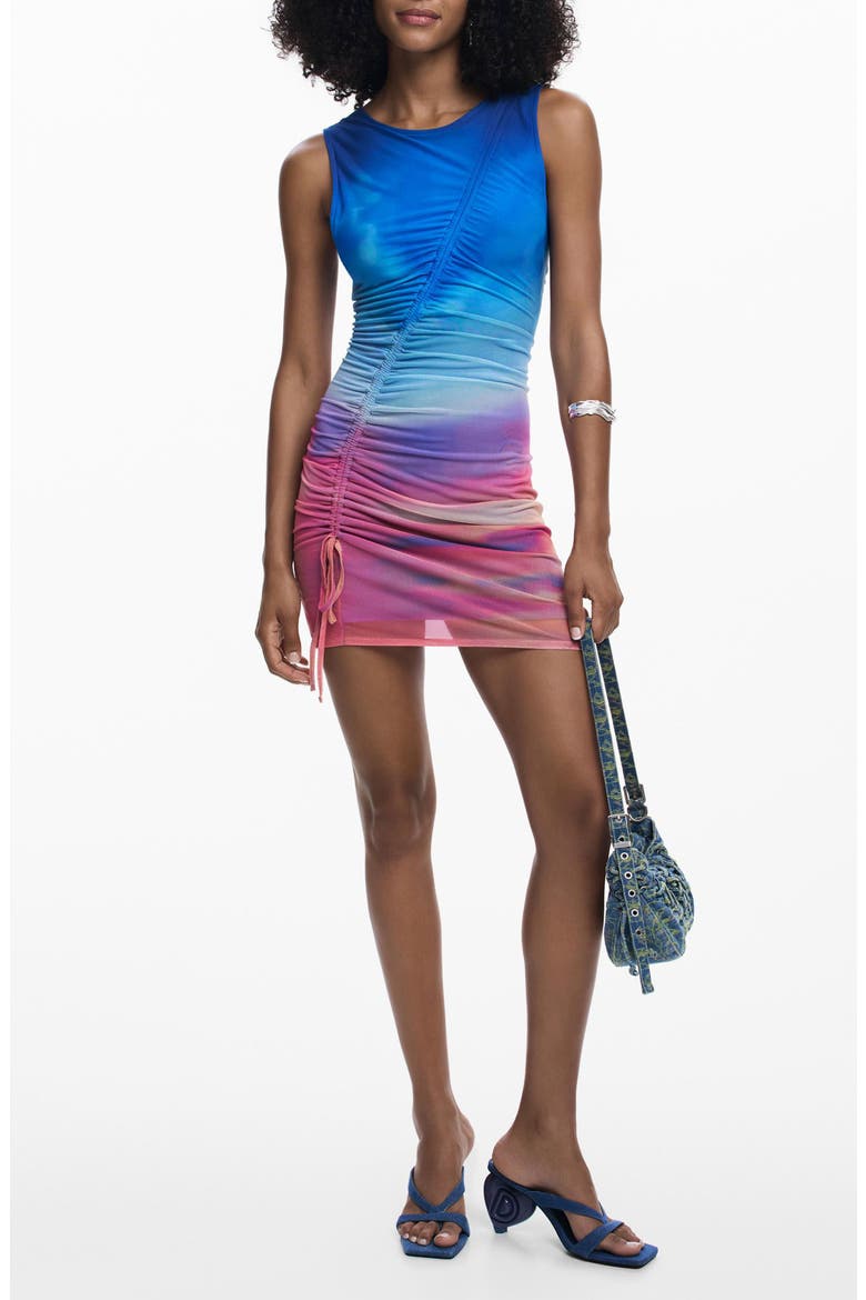 Print Ruched Sleeveless Minidress, Main, color, BLUE