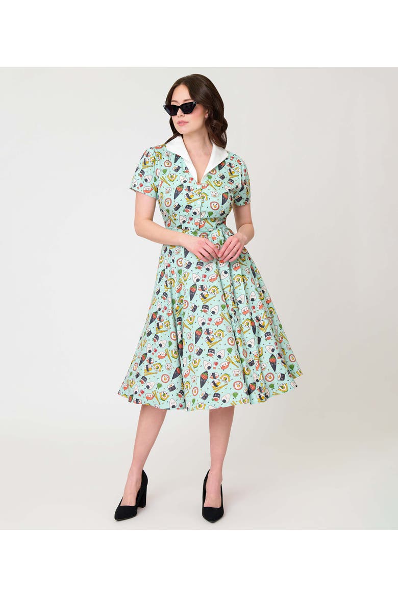 1950s Collared Shirt Dress, Main, color, Green Sushi Print
