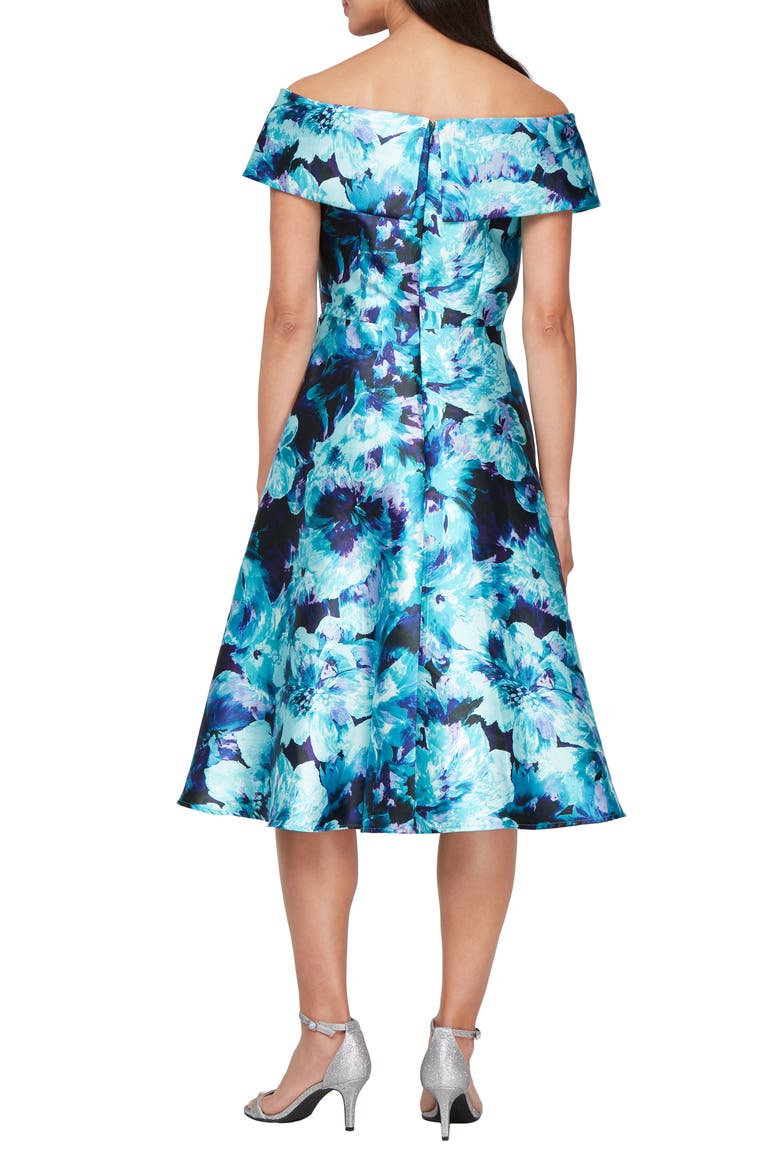 Printed Mikado Cocktail Dress, Alternate, color, AQUA MULTI