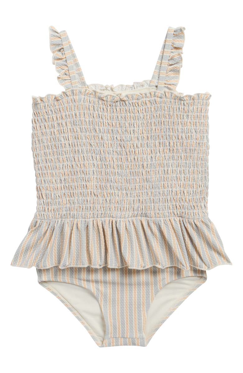 QUINCY MAE Kids' Ruffle Smocked UPF 50+ One-Piece Swimsuit, Main, color, Blue