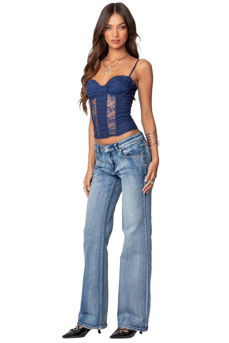 Avena Lace Panel Linen & Cotton Corset Top, Alternate, color, NAVY