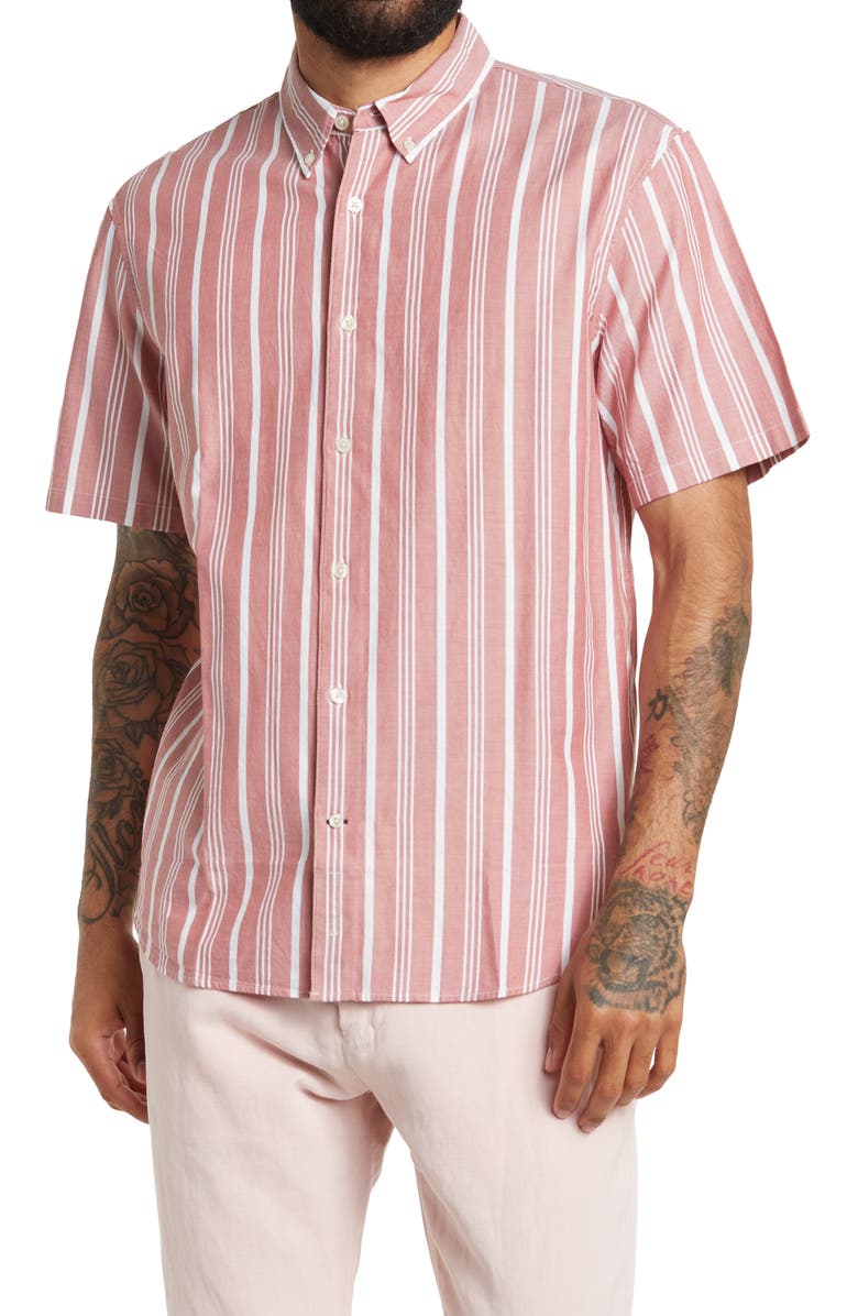 Club Monaco Short Sleeve Copper Striped Button Front Shirt, Main, color, 
