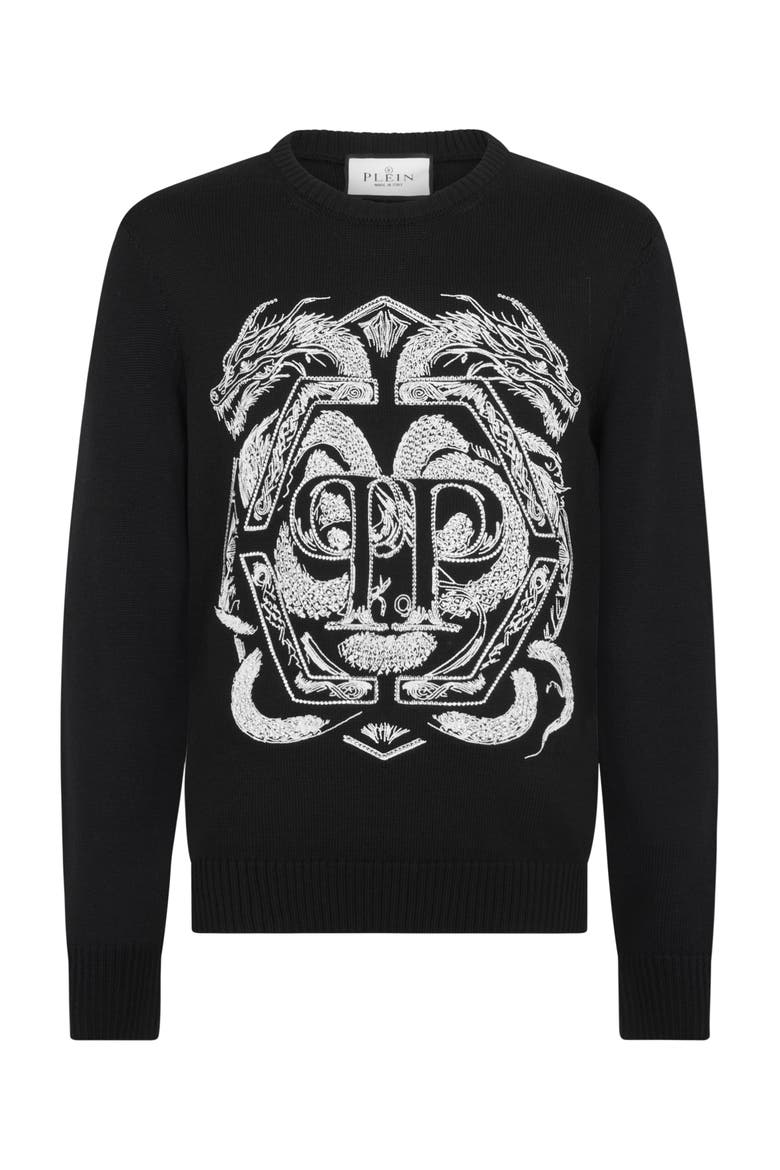 Embroidered Merino Wool Round Neck Pullover Hexagon Dragon Men, Main, color, black