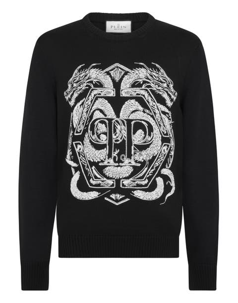 Embroidered Merino Wool Round Neck Pullover Hexagon Dragon Men