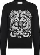 PHILIPP PLEIN Embroidered Merino Wool Round Neck Pullover Hexagon Dragon Men