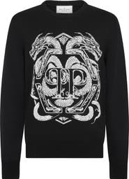 PHILIPP PLEIN Embroidered Merino Wool Round Neck Pullover Hexagon Dragon Men