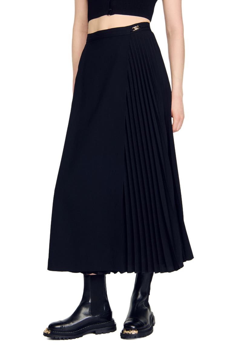 SANDRO Curb chain buckle pleated skirt, Alternate, color, Black