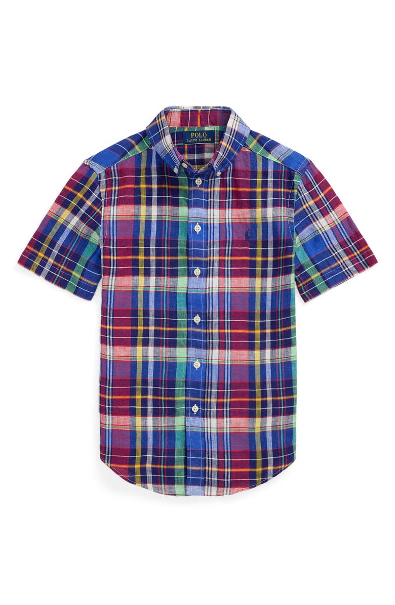 Polo Ralph Lauren Kids' Madras Plaid Short Sleeve Linen & Cotton Button-Down Shirt, Main, color, 