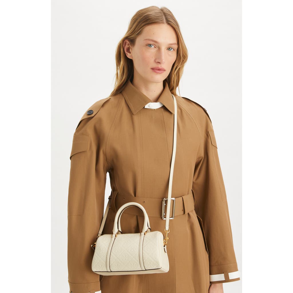 Tory Burch Mini T Monogram Leather Barrel Bag In Light Cream