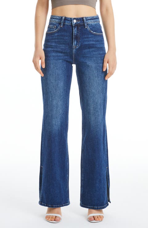 High Waist Wide Leg Slit Hem Jeans