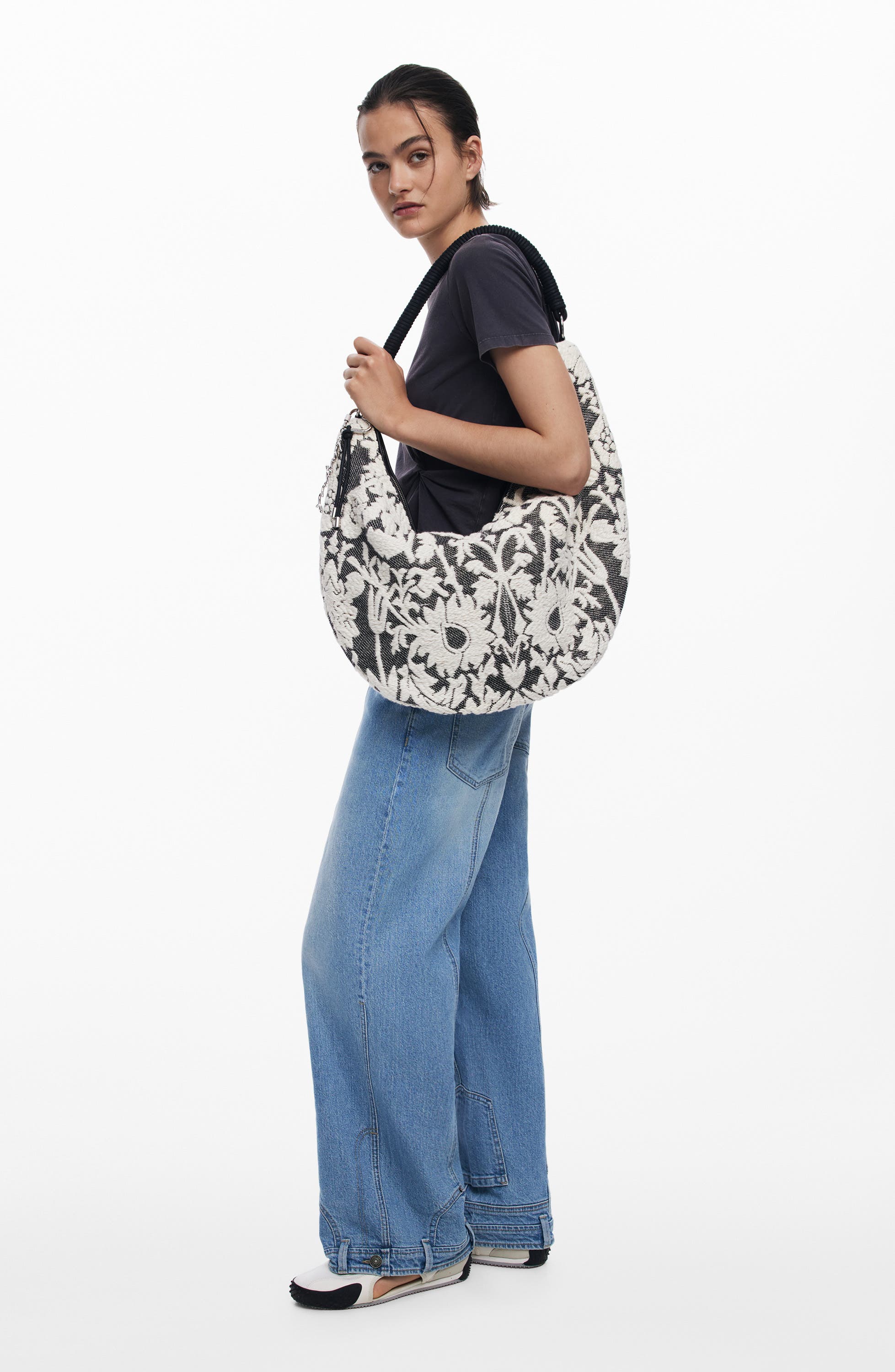 Desigual Floral Embroidered Shoulder Bag, Alternate, color, Black