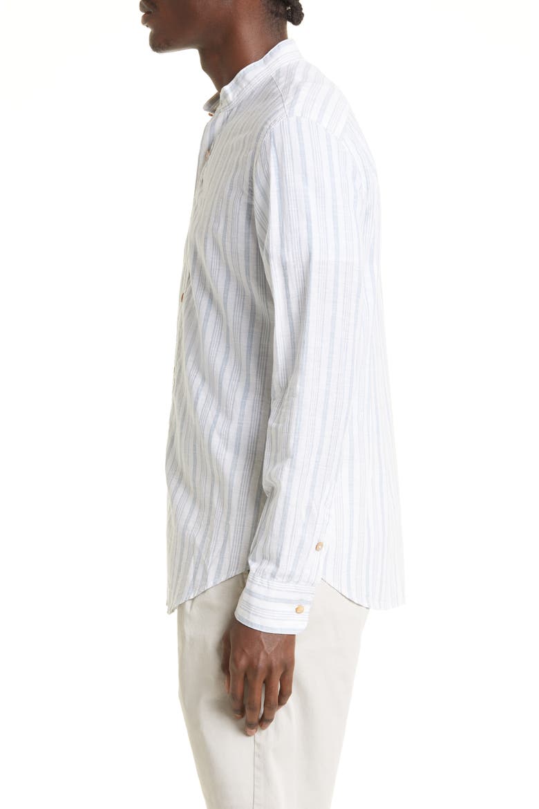 Stripe Mandarin Collar Cotton & Linen Shirt, Alternate, color, BLUE