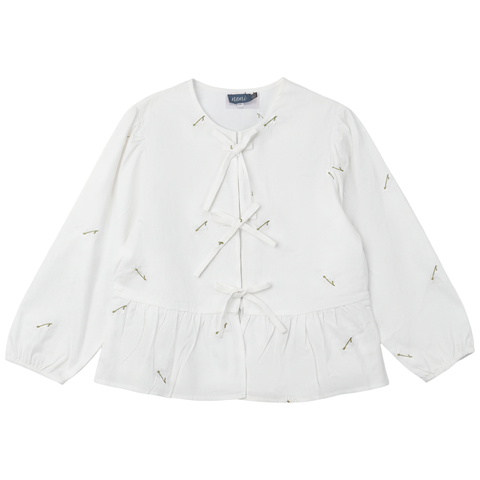 Embroidered Bow Puff Sleeve Cotton Blouse