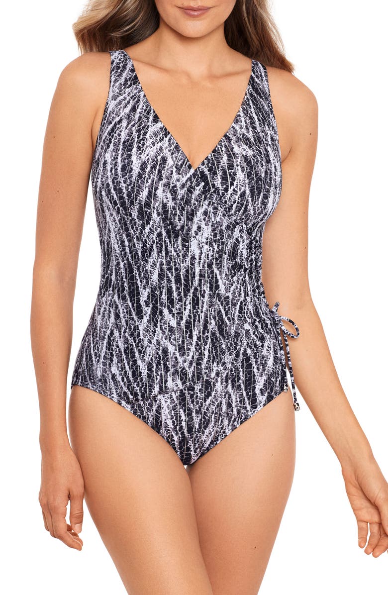 Miraclesuit<sup>®</sup> Chevron Python Eclat Wrap Front One-Piece Swimsuit, Main, color, 