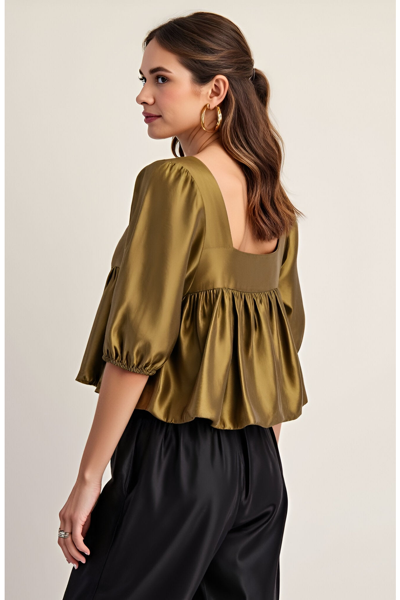 Gathered Bubble Hem Puff Sleeve Square Neck Top, Alternate, color, Olive