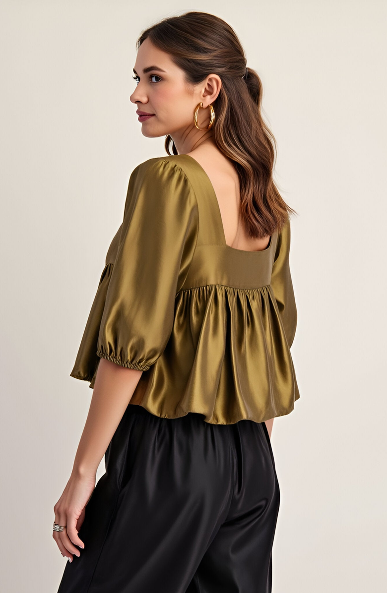 Modenaire Gathered Bubble Hem Puff Sleeve Square Neck Top, Alternate, color, Olive