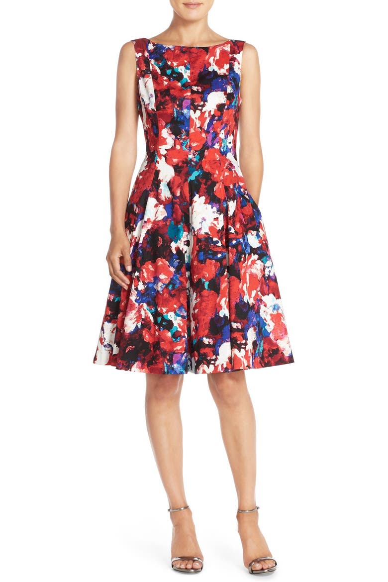 Print Stretch Cotton Sateen Fit & Flare Dress, Alternate, color, SOFT WHITE/ RED