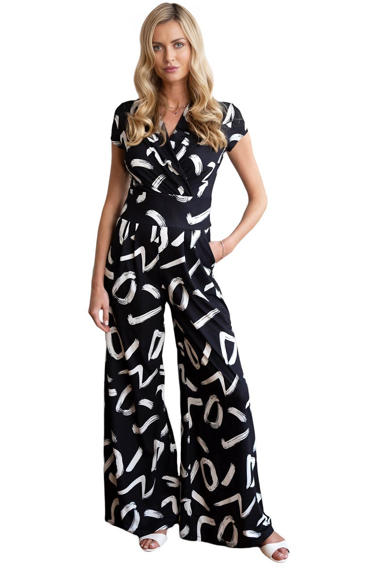 Black & White V-Neck Wide Leg Jumpsuit, Alternate, color, Black with White Brushstrokes