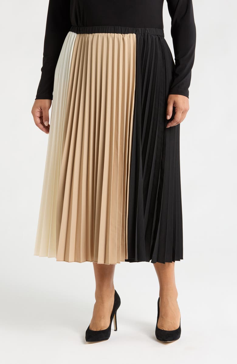 Anne Klein Colorblock Pleated Midi Skirt, Main, color,