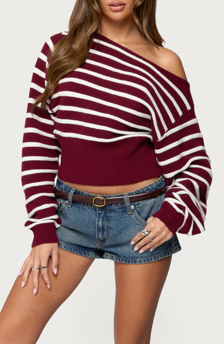 EDIKTED Mika Stripe Oversize Off the Shoulder Sweater, Main, color, Burgundy