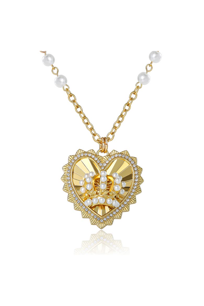 Heart Crown Necklace, Gold-Tone with Pearl Accent, Main, color, Gold Tone