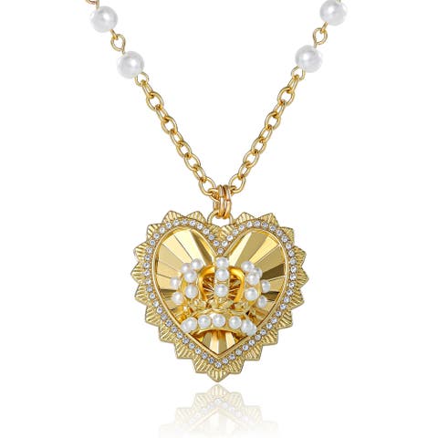 Heart Crown Necklace, Gold-Tone with Pearl Accent