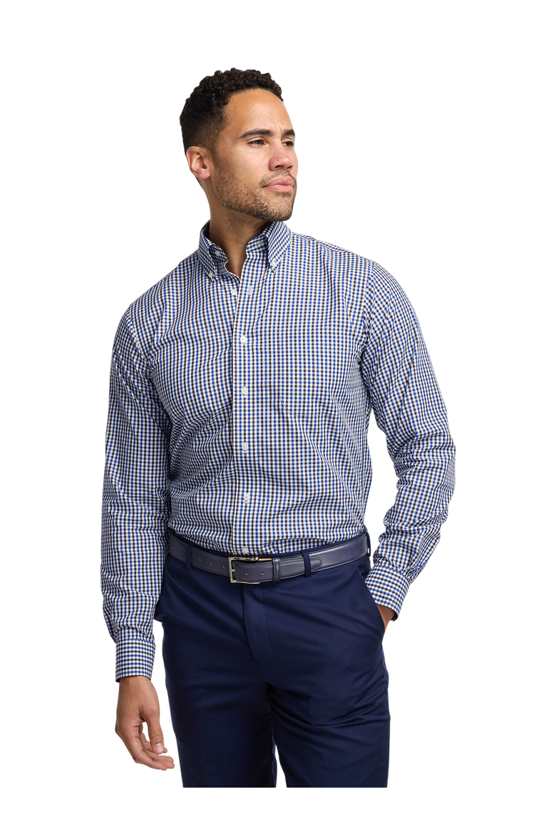 Cotton Buttondown Collar Broadcloth Tailored Contrast Trim Button Cuff Long Sleeve Shirt, Alternate, color, Blue/Brown