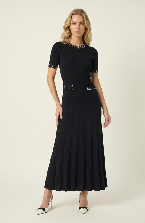 Pearl Embellished Fitted Waist Pleated Midi Knit Dress