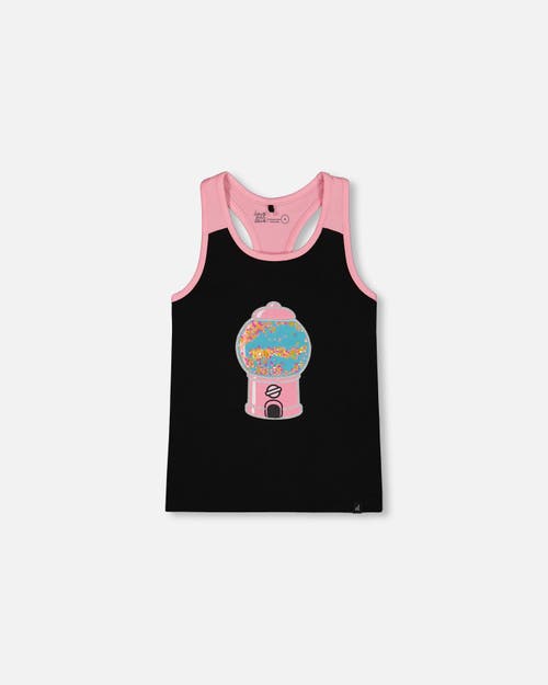 Deux Par Deux Little Girl's Organic Cotton Racerback Tank Top Black And Candy Machine In Black And Candy Machine