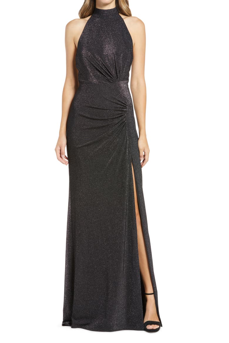 SHO by Tadahi Shoji Glitter Knit Halter Neck Body-Con Gown, Main, color, BLACK OPAL