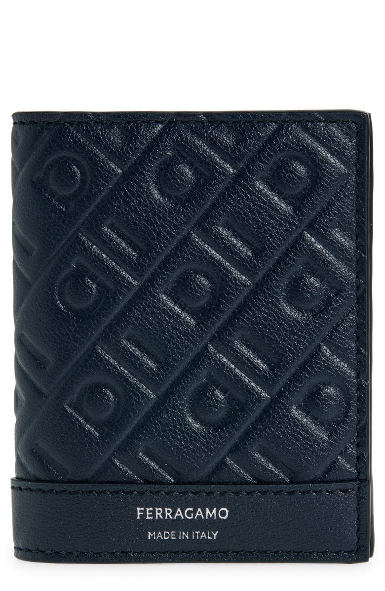 FERRAGAMO Gancio Monogram Embossed Leather Bifold Card Case, Main, color, Bluemarine