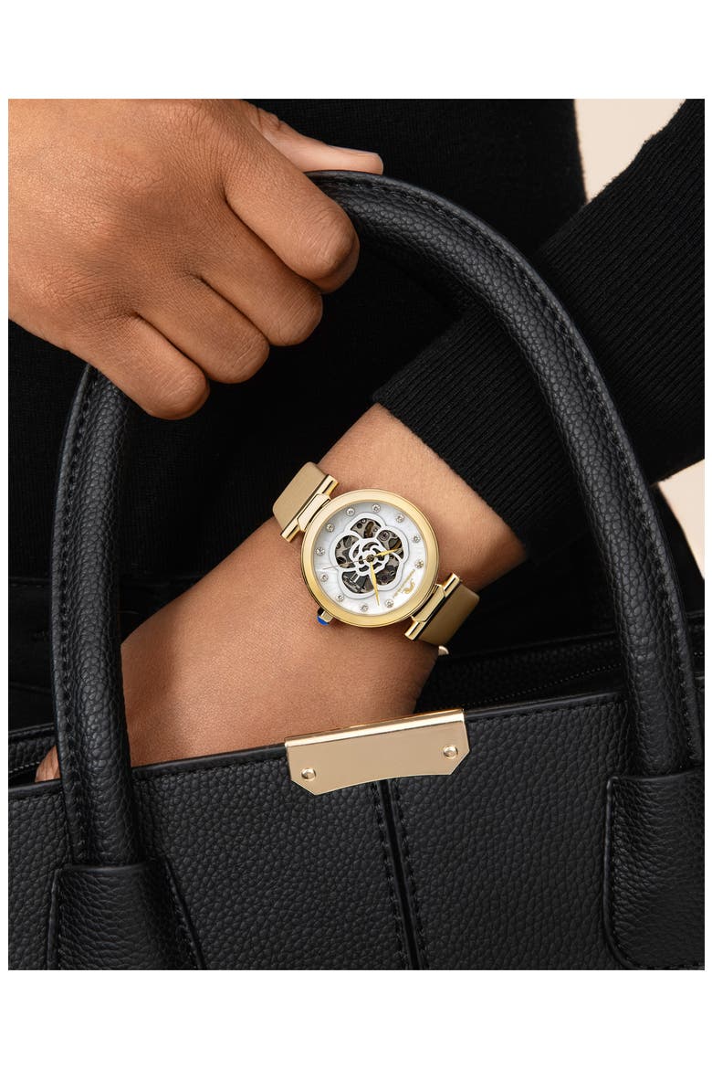 Laura White Topaz Automatic Leather Strap Watch, 36mm, Alternate, color, BEIGE GOLD
