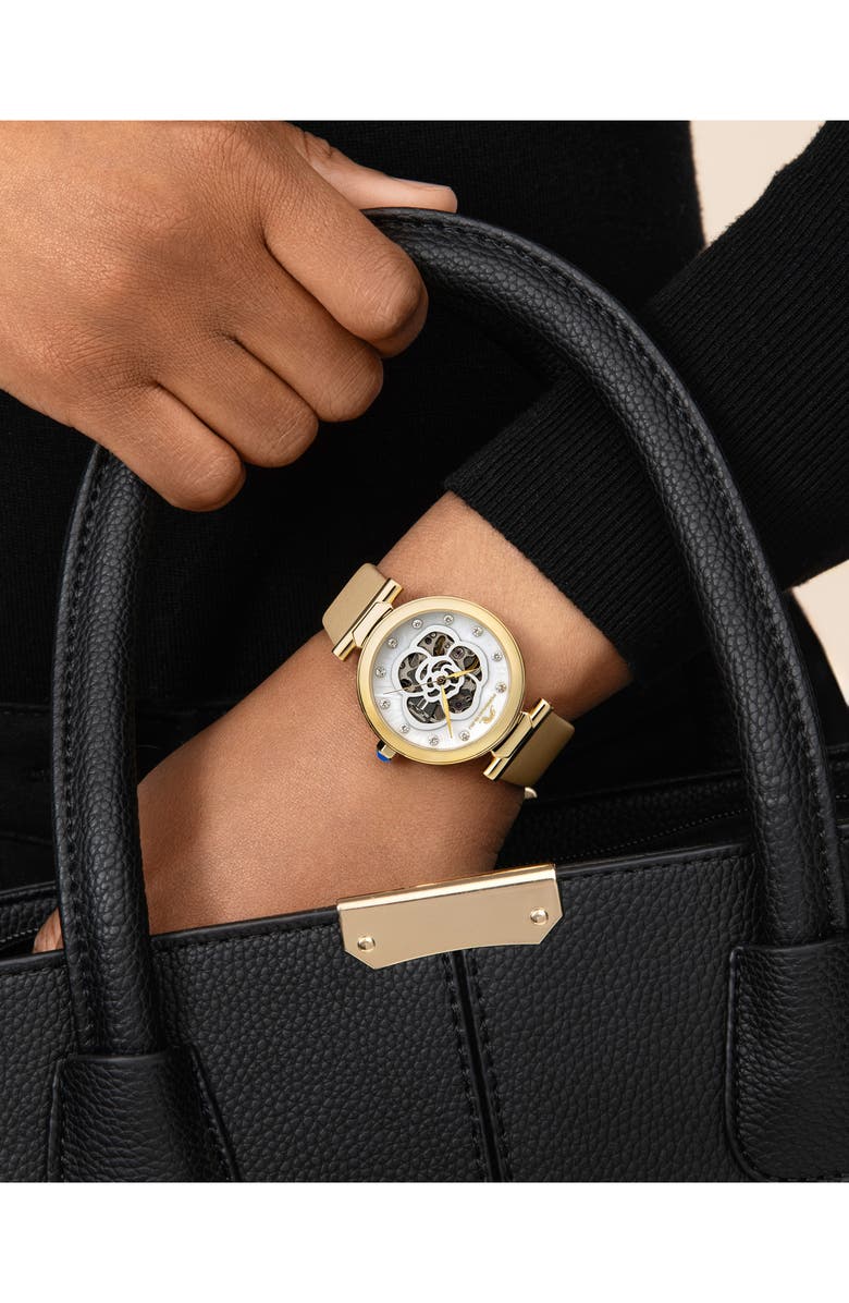 PORSAMO BLEU Laura White Topaz Automatic Leather Strap Watch, 36mm, Alternate, color, Beige Multi