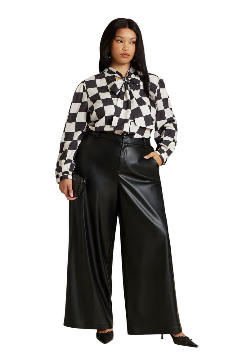 Printed Crepe Tie Neck Blouse (Plus), Alternate, color, CHECKERED