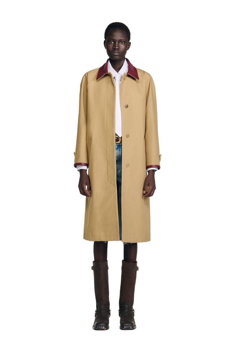 Trench coat with leather collar, Main, color, Beige