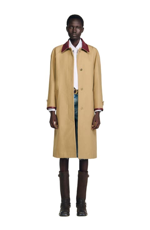 Trench coat with leather collar